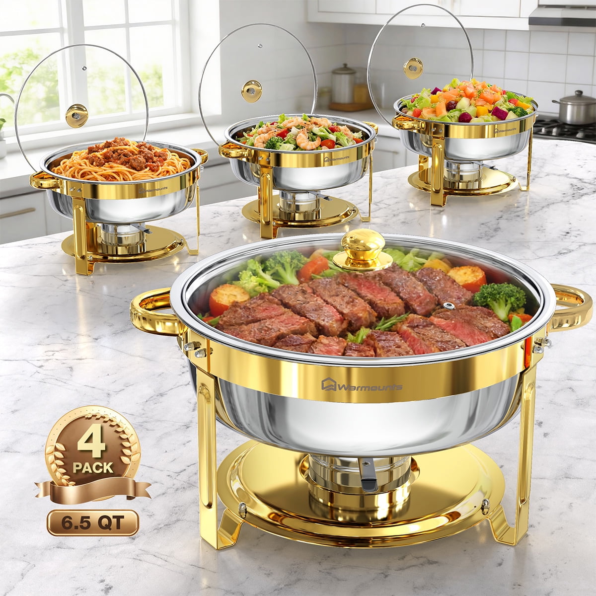 WARMOUNTS Chafing Dishes for Buffet,4 Pack 6.5QT Round Stainless Steel Chafers Sets,Food Warmers for Parties, Catering, Weddings, Events Dinners