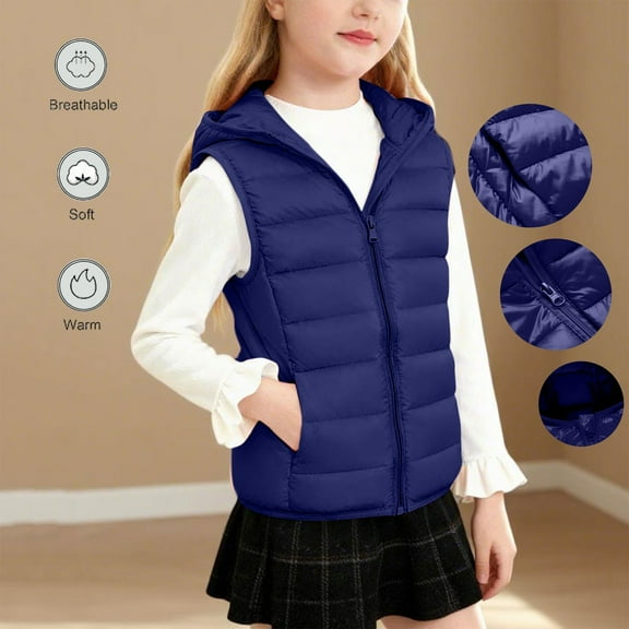 Kids Solid Zip Hooded Warm Sleeveless Vest Casual Outer Top Jacket For Boys Girls Navy 5-6 Years