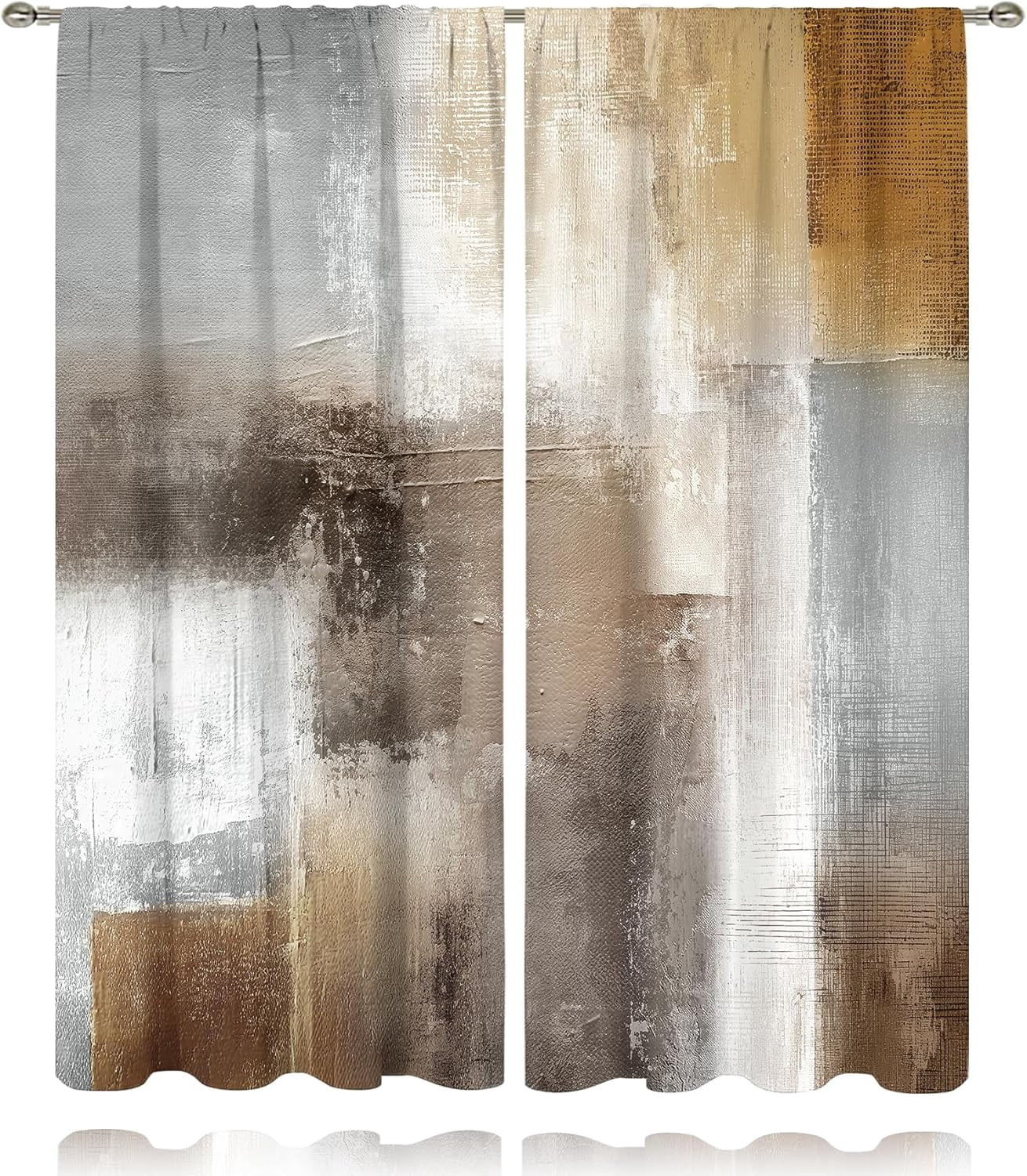 Grey Brown Curtains 52Wx84H Inch Rod Pocket Abstract Vintage Rust Tan Beige Modern Oil Painting Contemporary Bedroom Window Drapes Neutral Earth Tone Printed Living Room Window Treatment