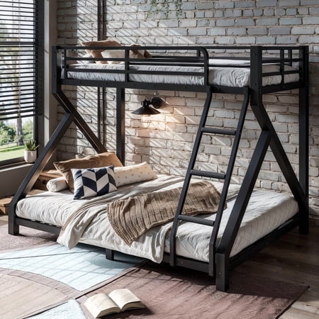URTR Twin over Full Metal Bunk Bed with Ladders, Low Profile Bed with Upgraded Support Slats, Black