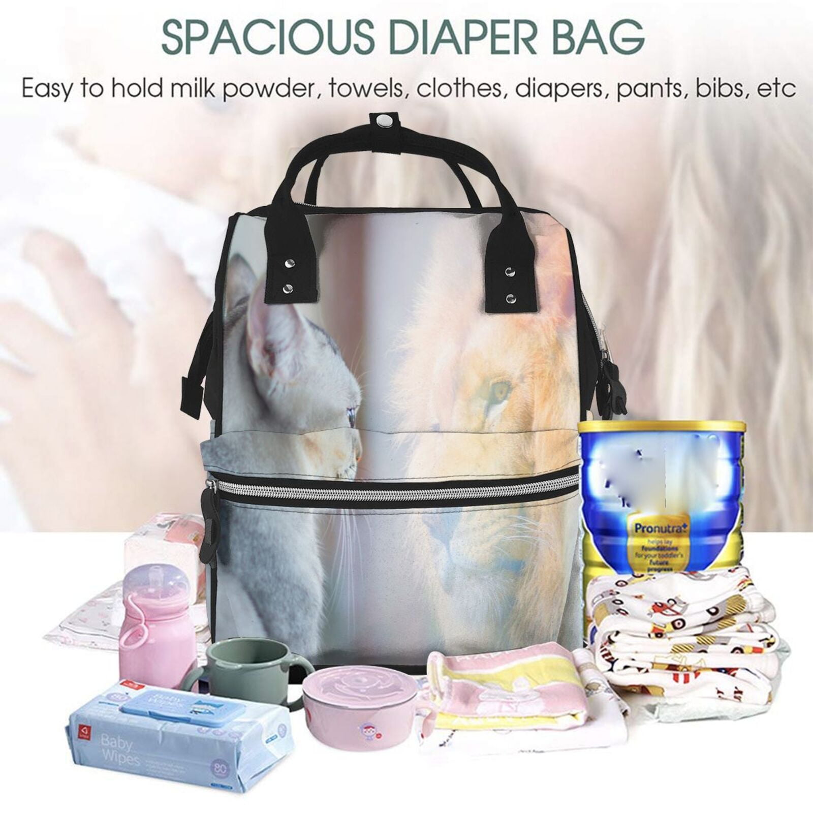 Fuzoiu The Cat Looks in the Mirror Print Diaper Bag Backpack,Baby Essentials Travel Tote,Multi function Waterproof Diaper Bag, Travel Essentials Baby Bag - Unisex