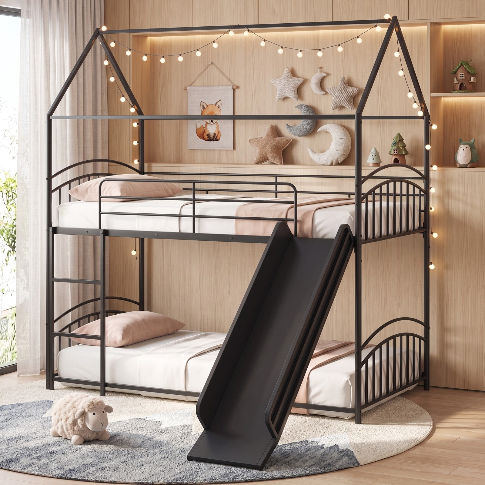 Furnibear Twin Over Twin House Bunk Bed with Slide Ladder and Heavy-duty Metal Slats for Kids and Shared Bedrooms, Black