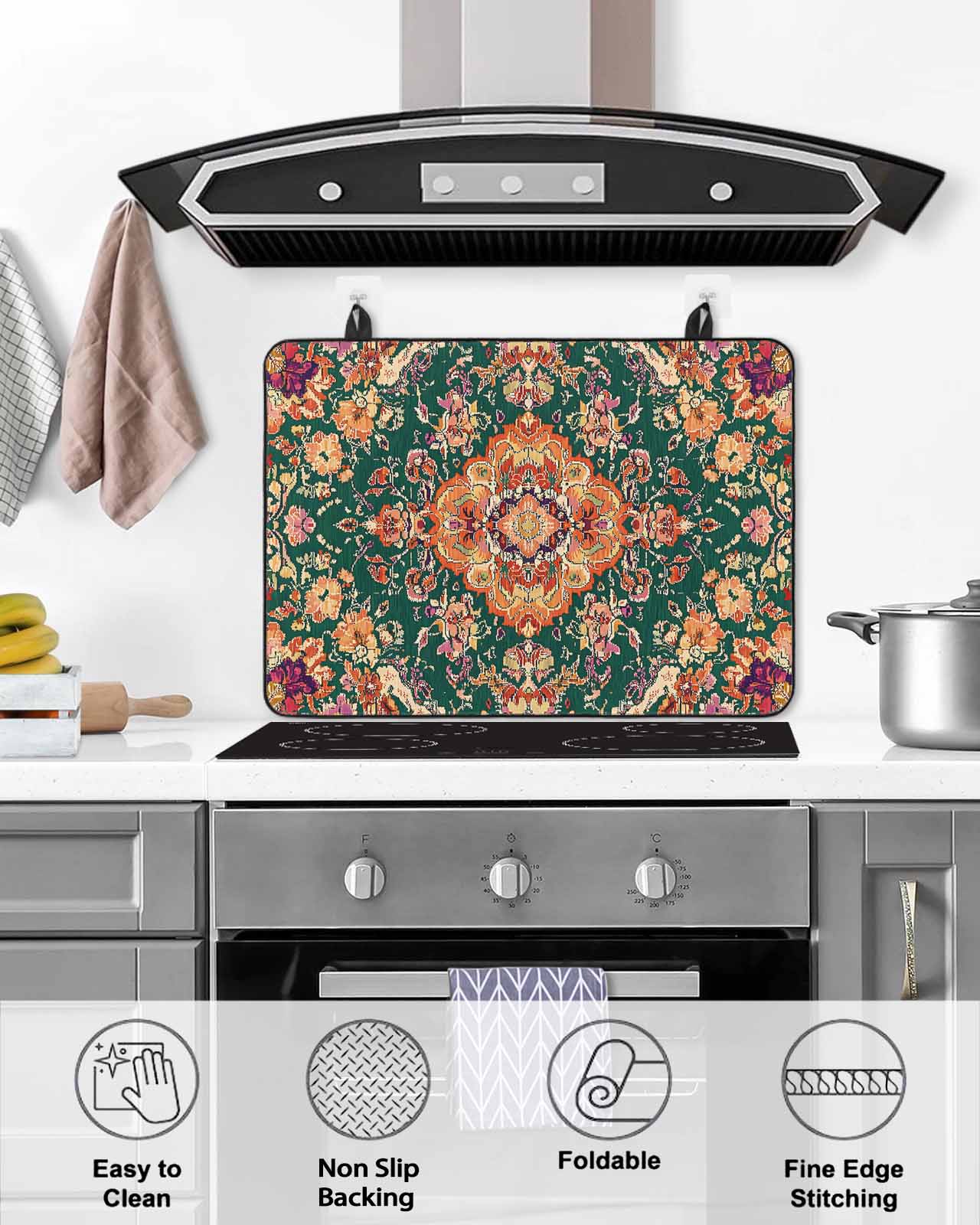 nqOlkjepod Large Induction Cooktop Protector Mat 24"x21", Bohemian Floral Stove Top Covers for Electric Stove, Abstract Retro Flowers Texture Stove Burner Cover Mats, Glass Top Stove Cover