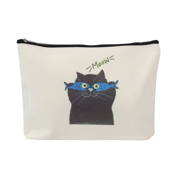 Unique Bargains 1 Pc Durable Cats and Fish Pattern Makeup Bag in Beige Color for Women