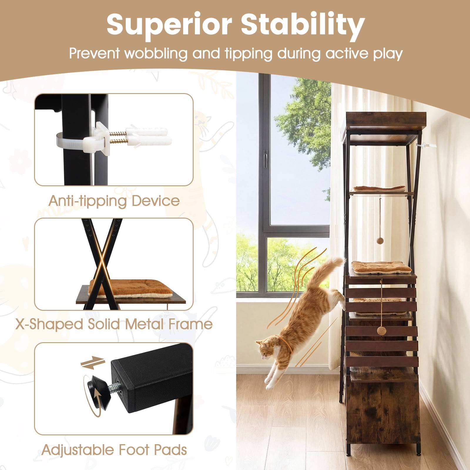 Costway 73" Wooden Multi-level Cat Tower with Elevated Perch, Large Condo, Dangling Balls Rustic Brown + Brown
