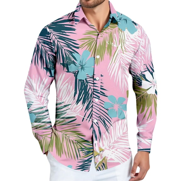 Mens Hawaiian Shirts Ocean Wave Print Casual Long Sleeve Button Down Shirts Tropical Holiday Beach Clothes