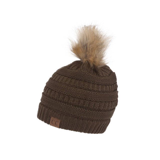 Gravity Threads Bonnet en Tricot Torsadé avec Pompon en Fausse Fourrure, Olive