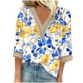 thumbnail image 2 of JTZGDY Womens Summer Tops Dressy Casual Lace Crochet Eyelet Trim V Neck 3/4 Sleeve Graphic Shirts Trendy Boho Floral Printed Tunic Blouses Cute Fashion Outfits Yellow M, 2 of 6