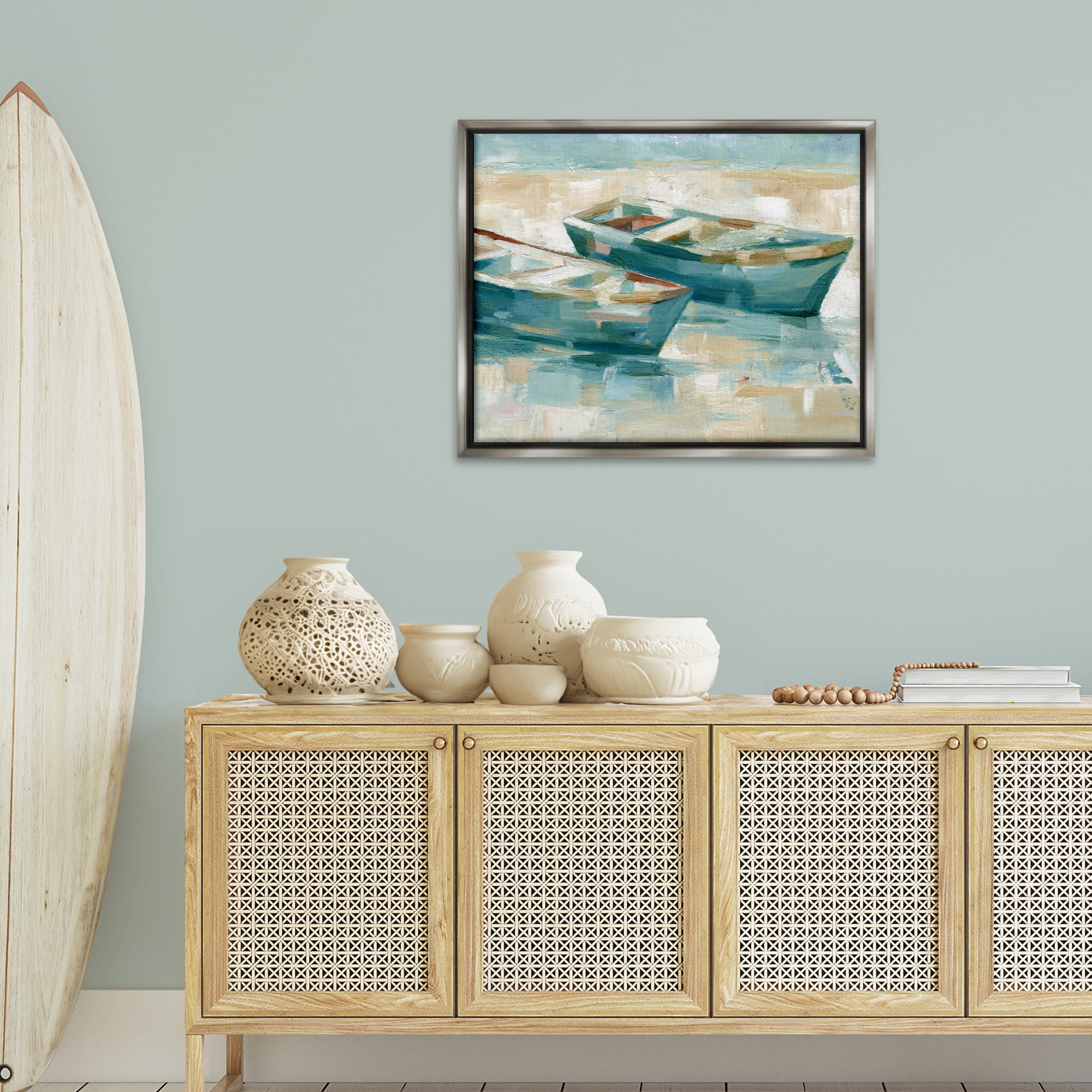 Stupell Industries Two Boats Abstraction Transportation Painting Gray Floater Framed Canvas Art Print Wall Art, 31 x 25
