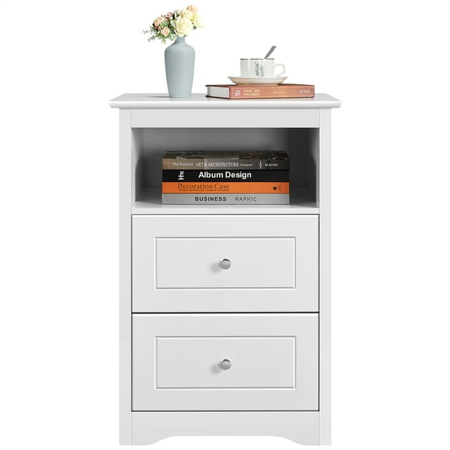 Yaheetech End Table Side Table with 2 Drawer and Cubby,White