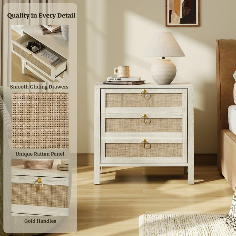 Surmoby Boho Nightstand Set of 2, 3-Drawer Wide Bedside Tables with Gold Handles, Cream White - Walmart.com Surmoby Boho Nightstand Set of 2, 3-Drawer Wide Bedside Tables with Gold Handles, Cream White - Walmart.com
