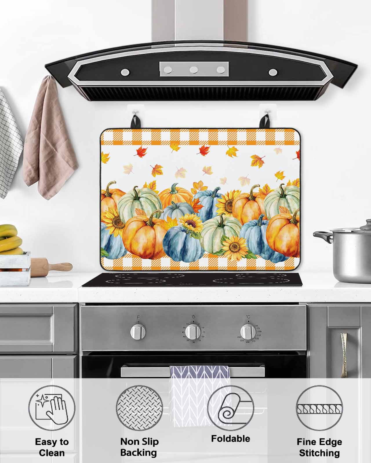 Large Induction Cooktop Protector Mat Thanksgiving Stove Top Covers for Electric Stove, Fall Orange Blue Pumpkin Maple Leaves Plaid Decorative Stove Burner Cover Mats, Glass Top Stove Cover