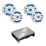 Kenwood 7.7" 2-Way White Coaxial Speakers with Illumination 2-Pair with 300 Watt Marine Amplifier