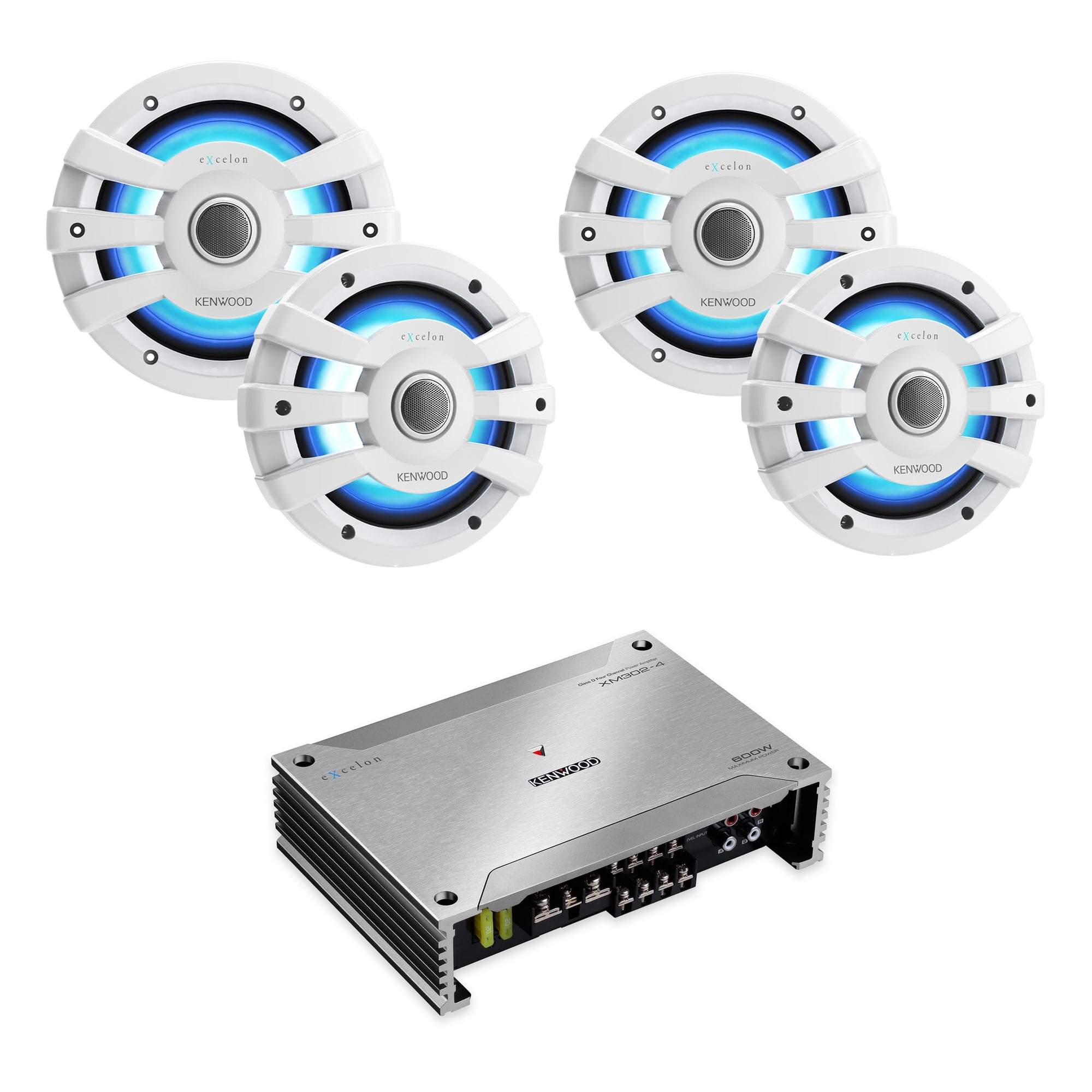 Kenwood 7.7" 2-Way White Coaxial Speakers with Illumination 2-Pair with 300 Watt Marine Amplifier