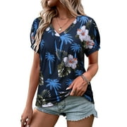 Nlife Women Puff Short Sleeve Hawaiian Shirts Floral Tropic Printed Top Pleated V Neck Boho T-shirt Summer Casual Trendy Boho Blouse