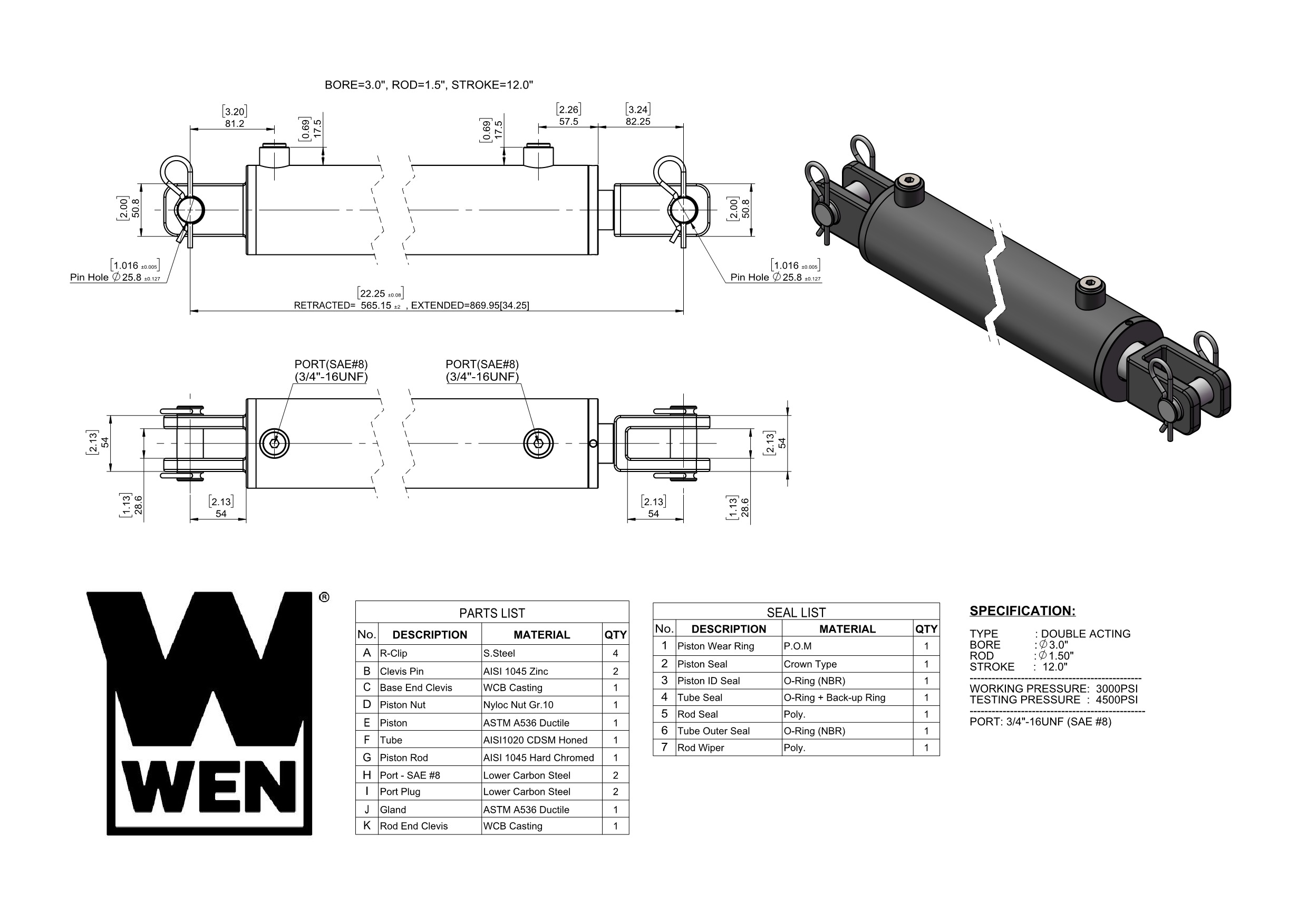 WEN Clevis Hydraulic Cylinder with 3-inch Bore and 12-inch Stroke