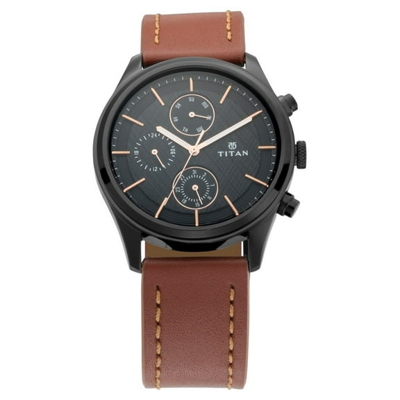 Titan Mens Metropolitan Charm: Mens Multifunctional Black Watch with Leather Strap-NS1805NL01