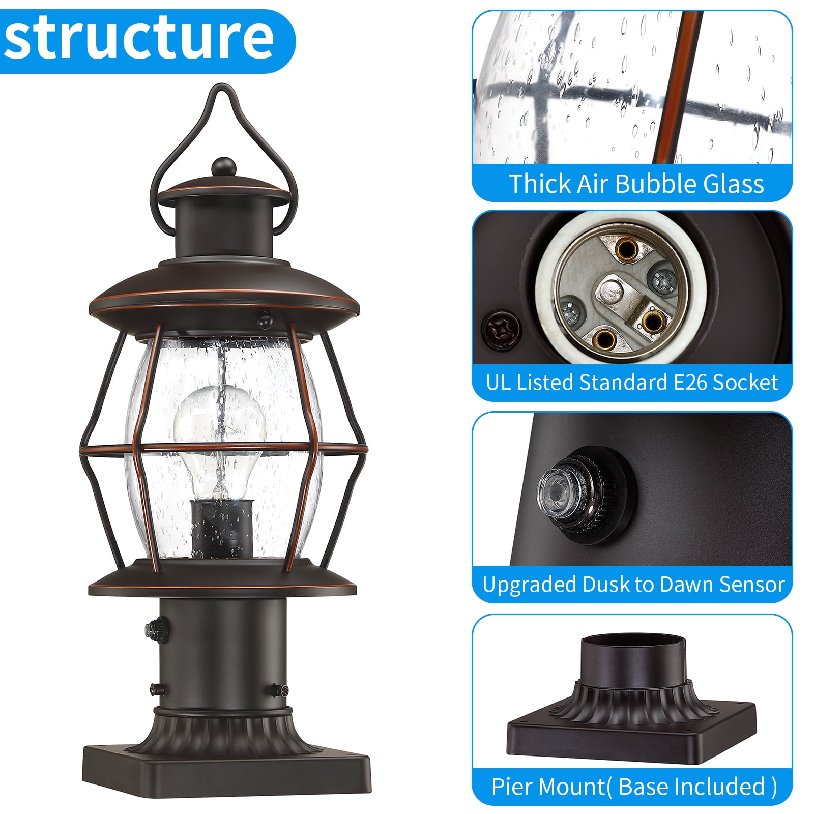 Dusk to Dawn Outdoor Post Lights with Pier Mount Base,16.8“ Waterproof Lamp Post Light Fixture Hardwired 120V,Oil Rubbed Bronze Post Lighting for Driveway, Yard, Pathway, Garden, Patio