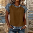 thumbnail image 2 of HVOBTTY Women's Summer Casual Print Solid Color Short Sleeve Round Neck Denim Patchwork Knit Loose Comfortable Soft Sport Tee Shirt Coffee, XL, 2 of 5