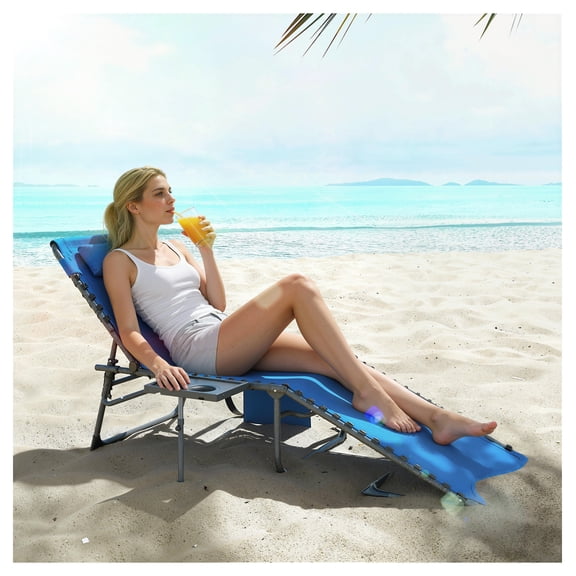 Folding Chaise Lounge Chair, Outdoor Tanning Chair with 5-Adjustable Back, Side Table & Pillow - Blue Patio Lounger for Beach, Pool, Backyard