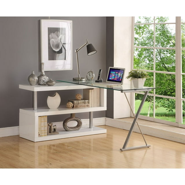 Bureau pivotant Buck d'ACME, blanc brillant et verre transparent