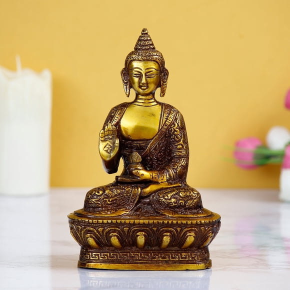 Golden & Brown Brass Meditating Blessing Buddha Statue Holding Kalash