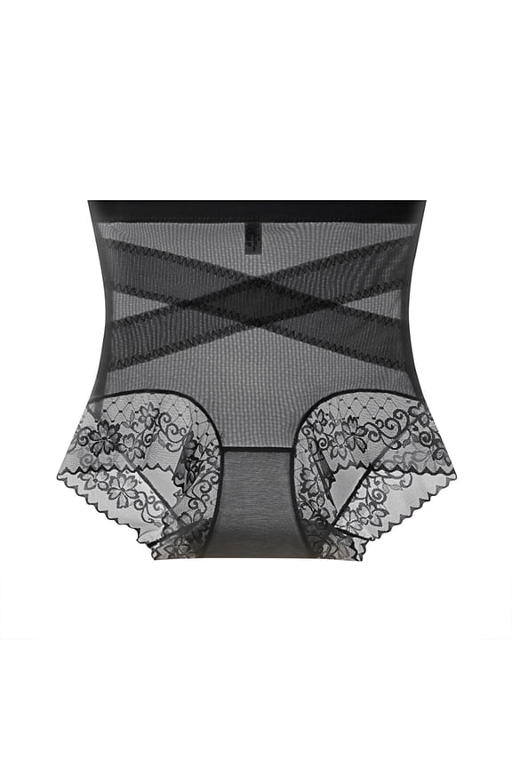 Womens High Rise Seamless Shaping Briefs Sheer Mesh Crisscross Stitching Floral Lace Trim Panties