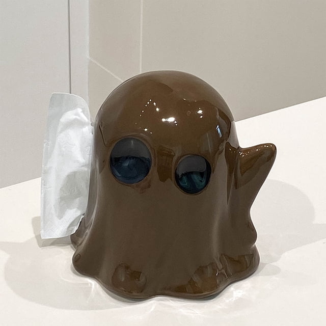 Fiudx Caja de Pañuelos de Cerámica, Diseño de Fantasma, Decoración Artística de Escritorio, Almacenamiento para Sala de Estar, Decoración de Halloween o Navidad, Color Blanco o Café, Tamaño 16,8 X 16