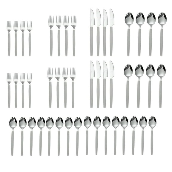 Mainstays 49-Piece Stainless Steel & Plastic Flatware with Organizer Tray, Soft Silver, Service for 8 Adults
