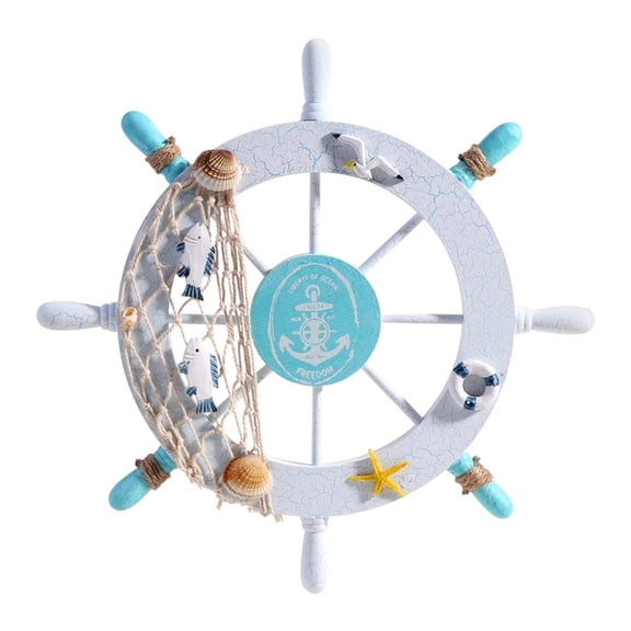 1 Pack 11 Inch Nautical Beach Wooden Boat Rudder, Sailing Ship Steering Wheel Wall Decor Door Hanging, Beach Theme Home Decor, Fishing Net Shell Home Wall Decor.