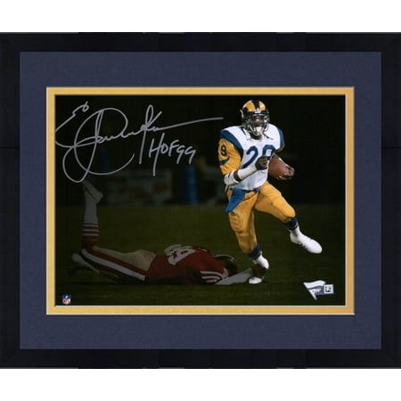 Framed Eric Dickerson Los Angeles Rams Autographed 8" x 10" White Running Photograph with "HOF 99" Inscription - Fanatics Authentic Certified