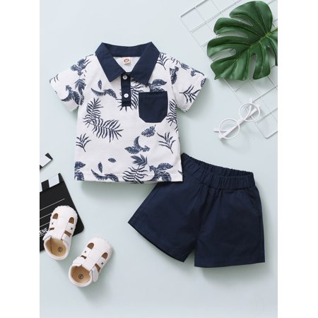 

Baby Boy Leaf Print Polo Shirt Shorts Blue and White Casual A042W