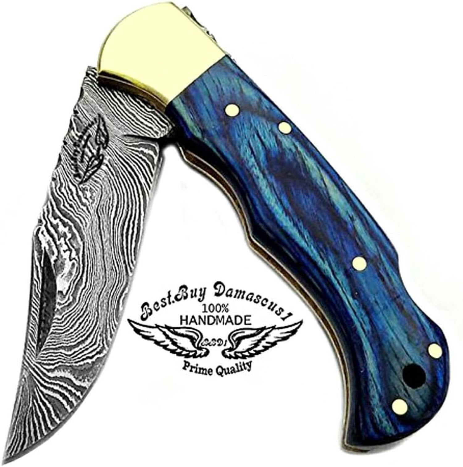 Best.Buy.Damascus1 Pocket Knife Set, Blue Wood Damascus Steel Hunting Knives, 3 in Blade Length