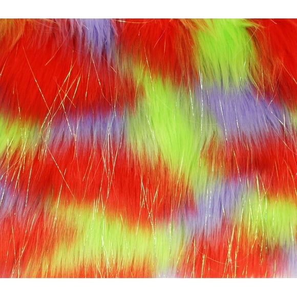 Tissu en Fausse Fourrure à Longs Poils Arc-en-Ciel Étincelant Guirlande Lime Lavande / 60 Pouces de Large/vendu au Mètre