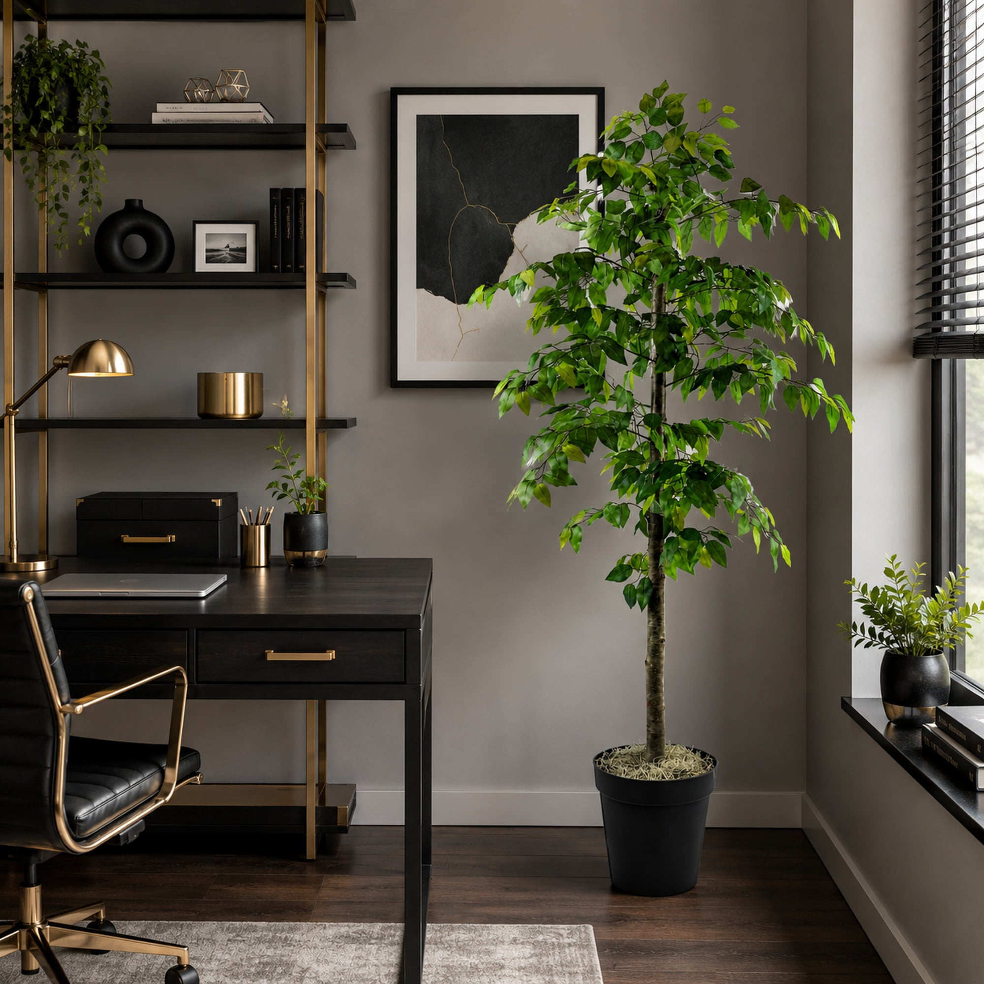 Artificial Tree, 6ft Faux Designer Ficus Tree in Black Nursery Pot by LCG Florals, Indoor Tree for Living Room, Office, and Home Décor