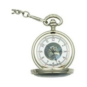 47 Wolf Pocket Watch with White Face Black Hands Image of Wolf with Sil Multi-Colored