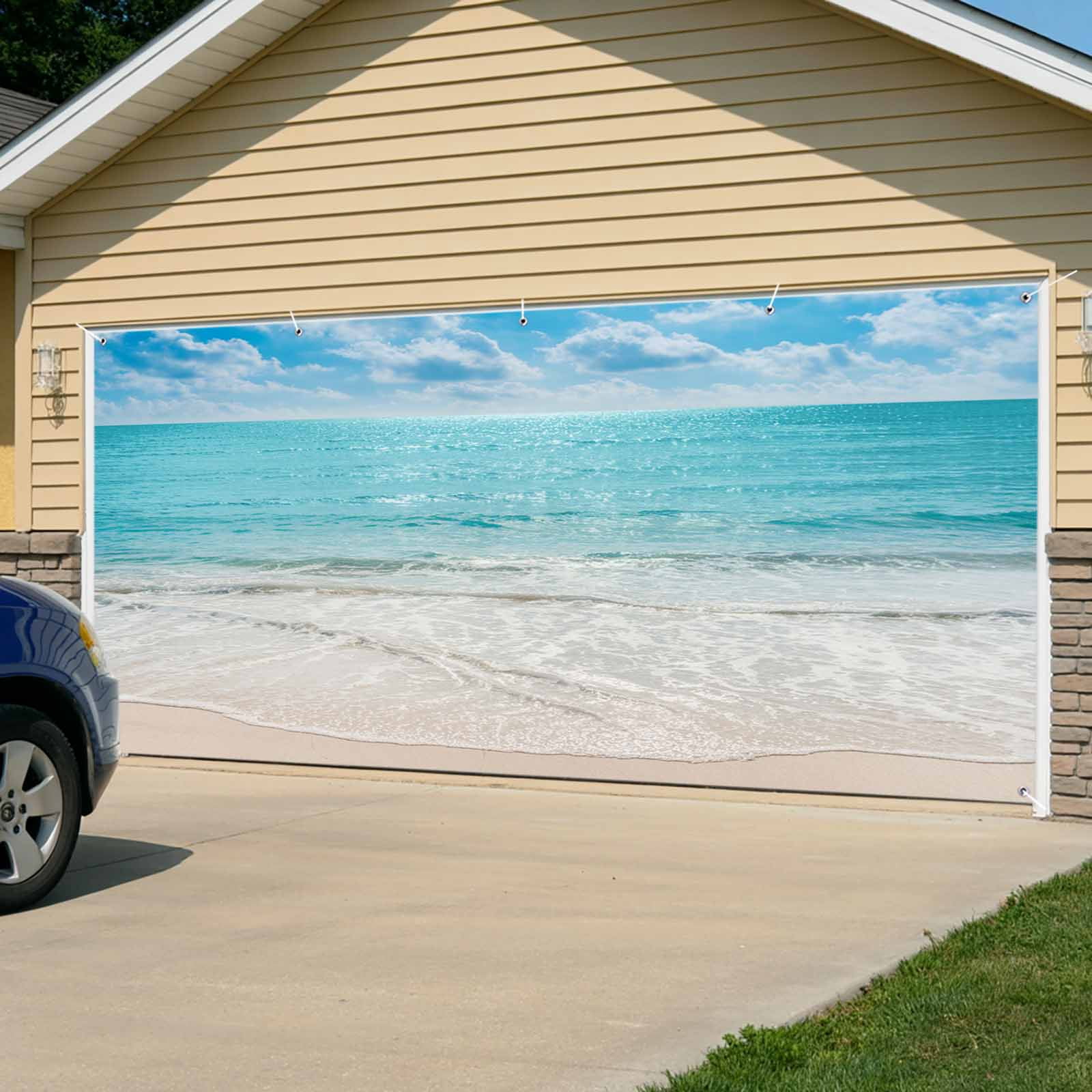 Summer Beach Garage Door Cover Banner 7 x 8 FT, Blue Coastal Ocean Seaside Nautical Garage Door Curtains Backdrop with Grommets for Indoor Outdoor Wall Party Porch Yard Decorations Background
