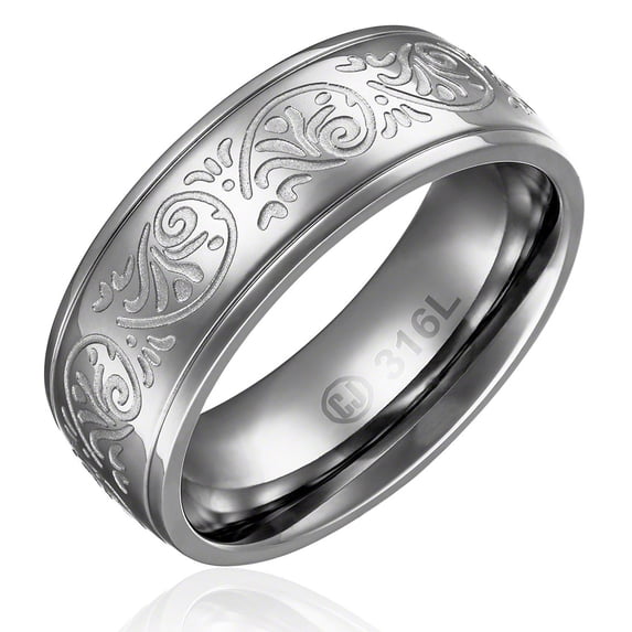 Mens Wedding Band in Stainless Steel 8MM Classic Domed Ring with Carved Florentine Design