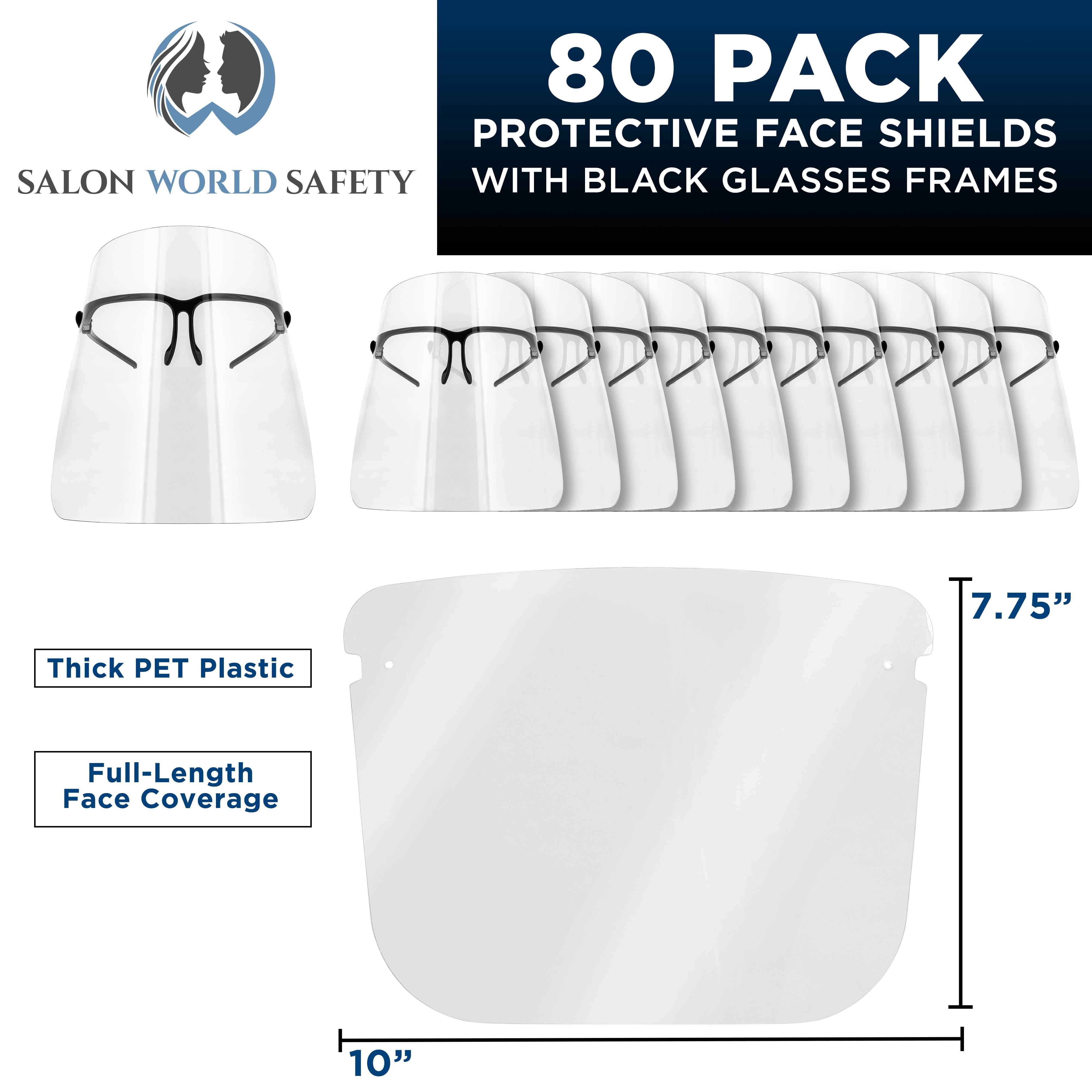 Salon World Safety Face Shields with Black Glasses Frames (20 Packs of 4) - Ultra Clear Protective Full Face Shields to Protect Eyes, Nose, Mouth - Anti-Fog PET Plastic, Goggles