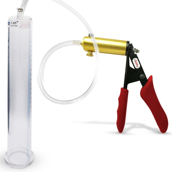 LeLuv Ultima Penis Pump, Brass w/ Red Handle, Silicone Grip, Clear Hose | 12" x 1.65" Cylinder