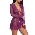 thumbnail image 3 of Traje de camisón de encaje para mujer, lencería transparente con cuello en V, bragas con frente abierto, prendas de vestir con cinturón, 3 of 6