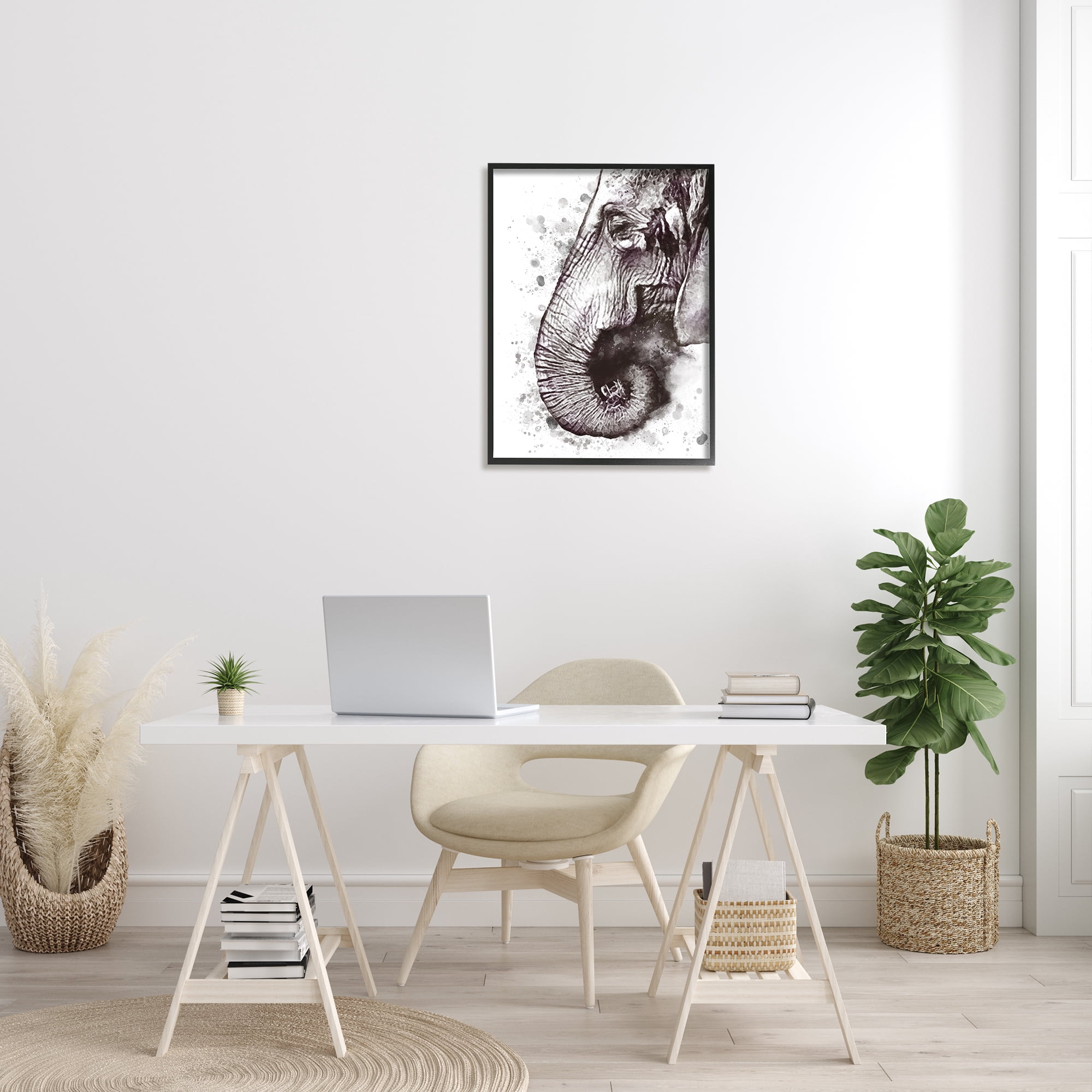 Stupell Industries Grey Elephant Curled Trunk Grey Paint Splatter, 24 x 30, Designed by Ros Ruseva