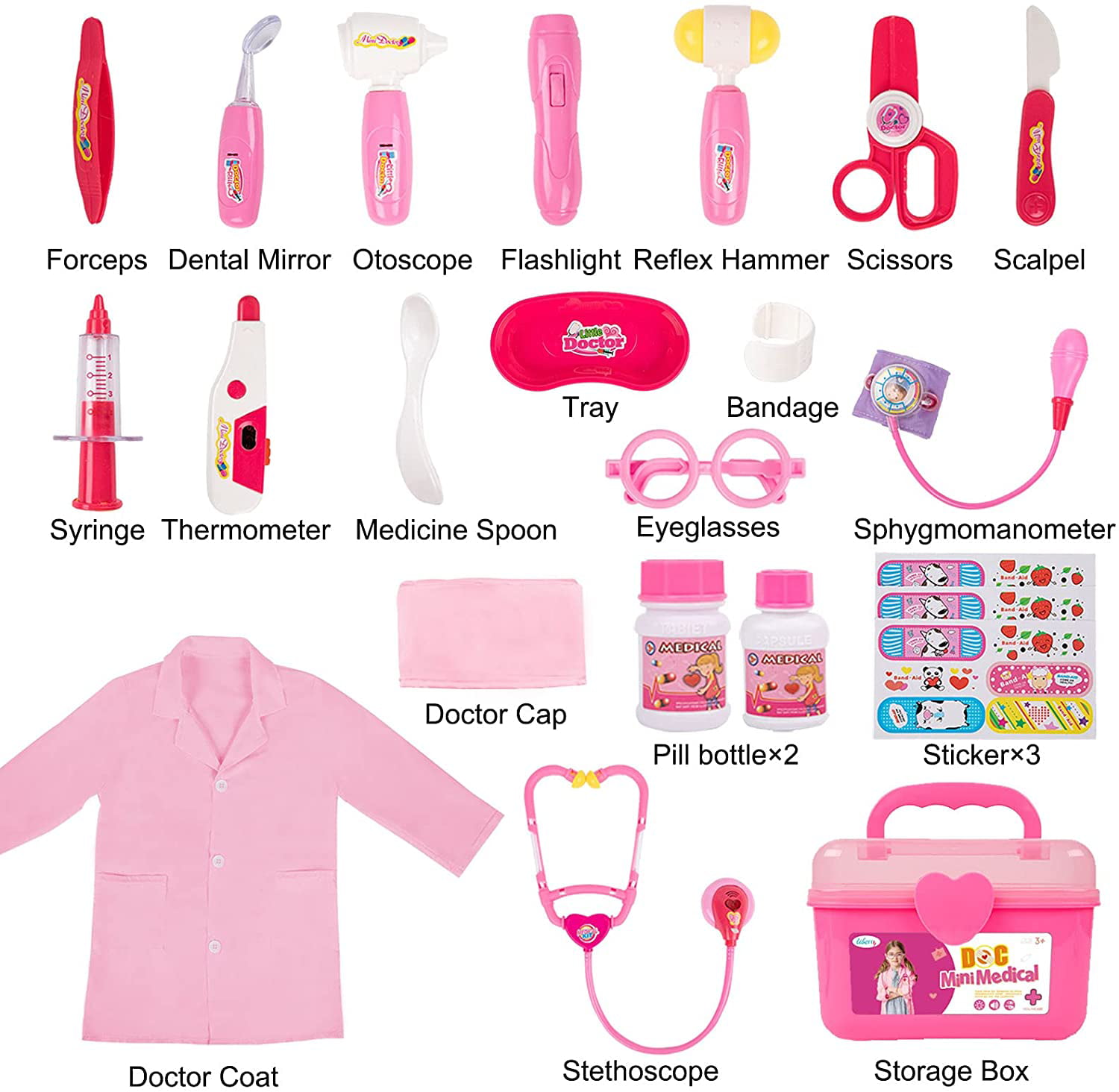 stethoscope, otoscope, syringe and bottle 4-Piece Assorted Toy Doctor Play Set 