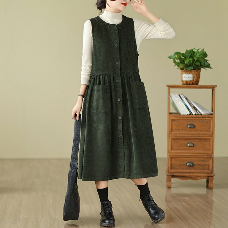 Lovskoo Women's Cute Sleeveless Corduroy Overall Dress Jumper Midi Babydoll  Tank Dress with Pocket Olive Green - Walmart.com