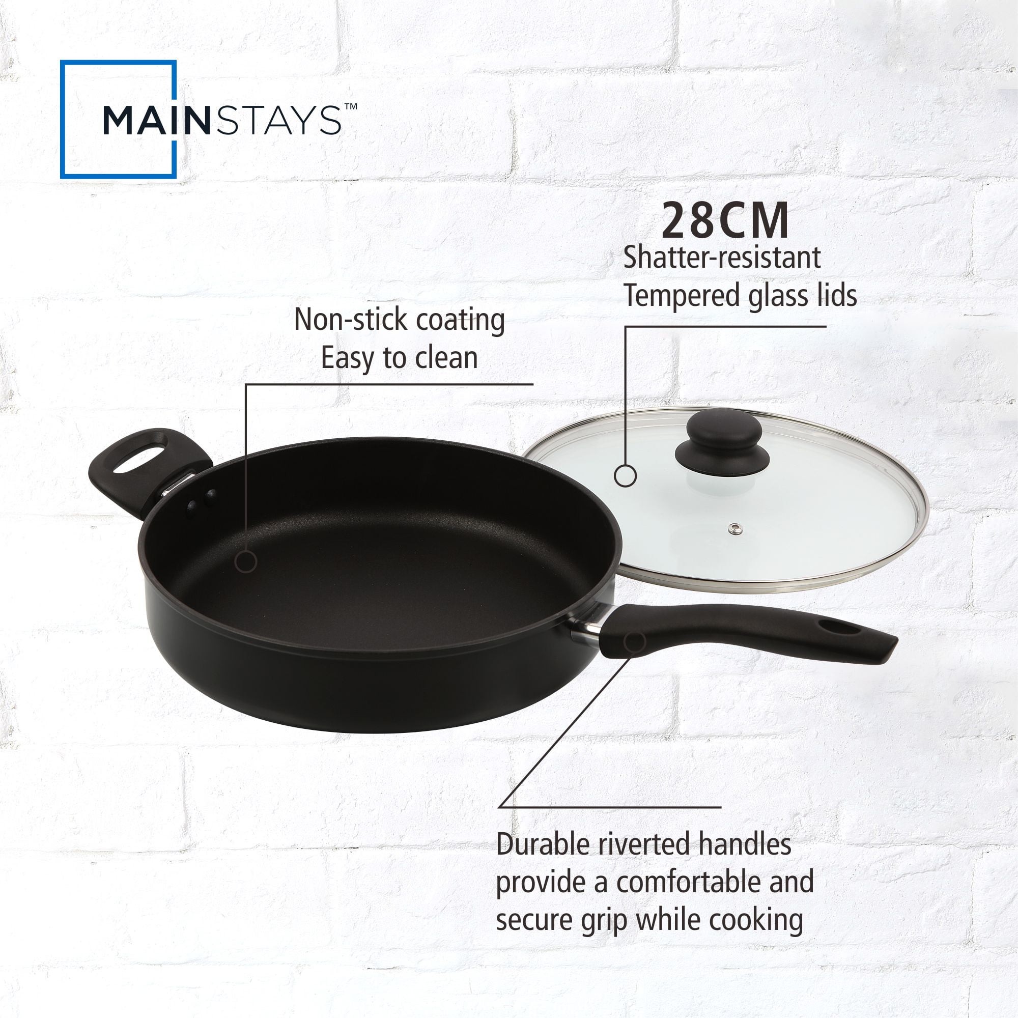 Mainstays 4 Quart Multi-Use Non-Stick 28cm Black Jumbo Cooker Frying Pan with Glass Lid