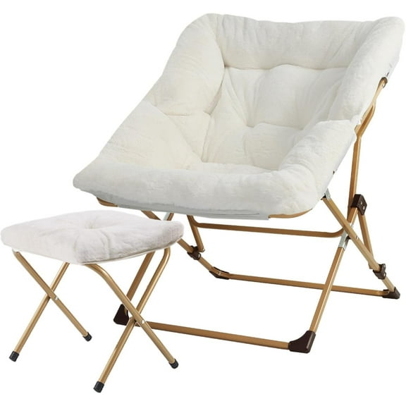 CSPP Folding Comfy Chair with Ottoman, Faux Fur Soft Cozy Lounge Reading Papasan Chair with Footrest for Adults Kids Bedroom Living Room Dorms Small Space, White