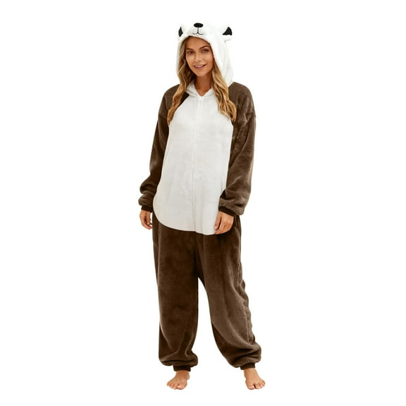 Fuzzy Sleepwear Onesie with Pocket Colorblock Loose Warm Fleece Hooded Pajamas for Women Men Teens Winter Loungewear (XL, Brown)
