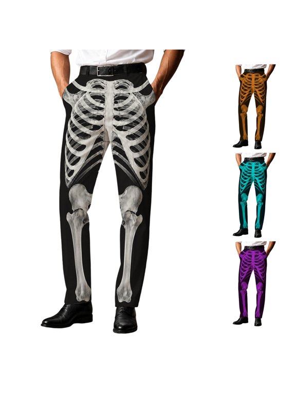 Mens Halloween Skeleton Pants Rib Cage and Bone Graphic Straight Leg Casual Trousers for Halloween Parties