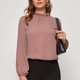 thumbnail image 2 of Blusa de gasa transpirable con mangas de farol rosa, cuello alto, color puro, perfecta para el hogar, la oficina, las compras y los viajes. Talla XL, 2 of 6