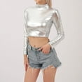 thumbnail image 2 of UJNDER Women's Metallic Long Sleeve Tops Shiny Stretch Neck Clubwear Slim Fit Tops for Women Silver S, 2 of 4